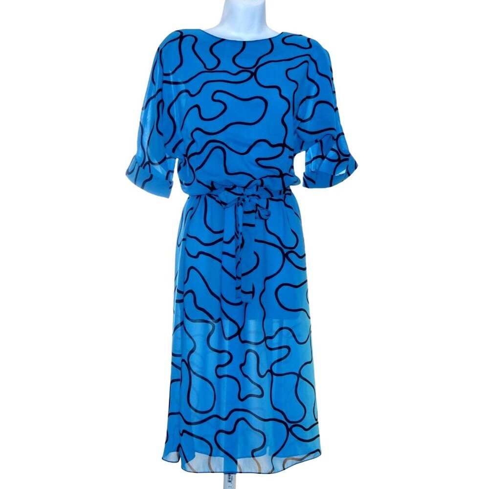 Vintage Blouson Dress Womens 10 Blue‎ with Black Design Button Back Dolman